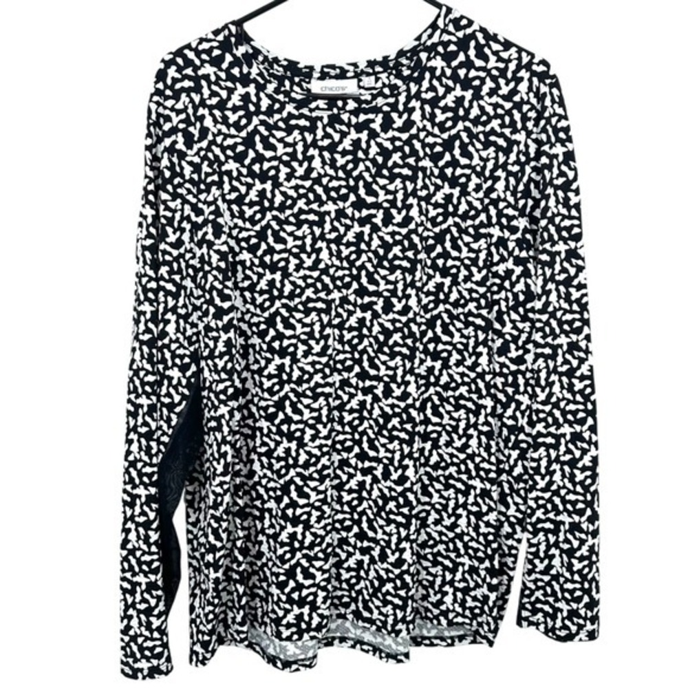 Chico's Black White Abstract Print Mesh Sleeve Long Sleeve Top Plus Size XXL